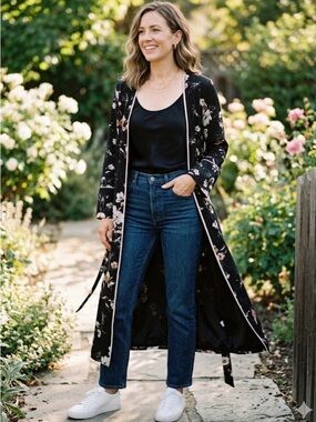 Black Floral Maxi Duster with Pink Accents
